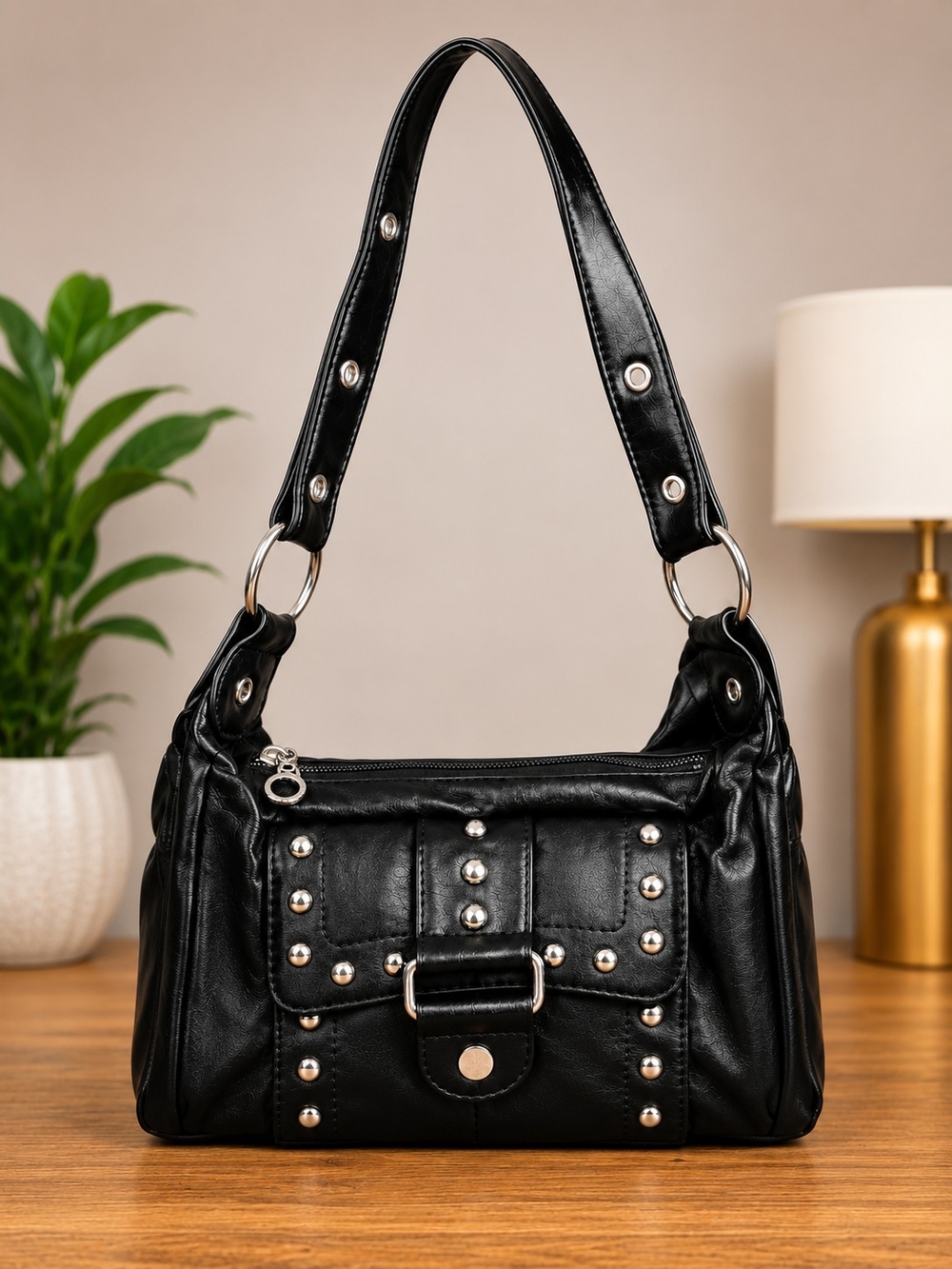 Classic Black Studded Shoulder Bag - Unbranded